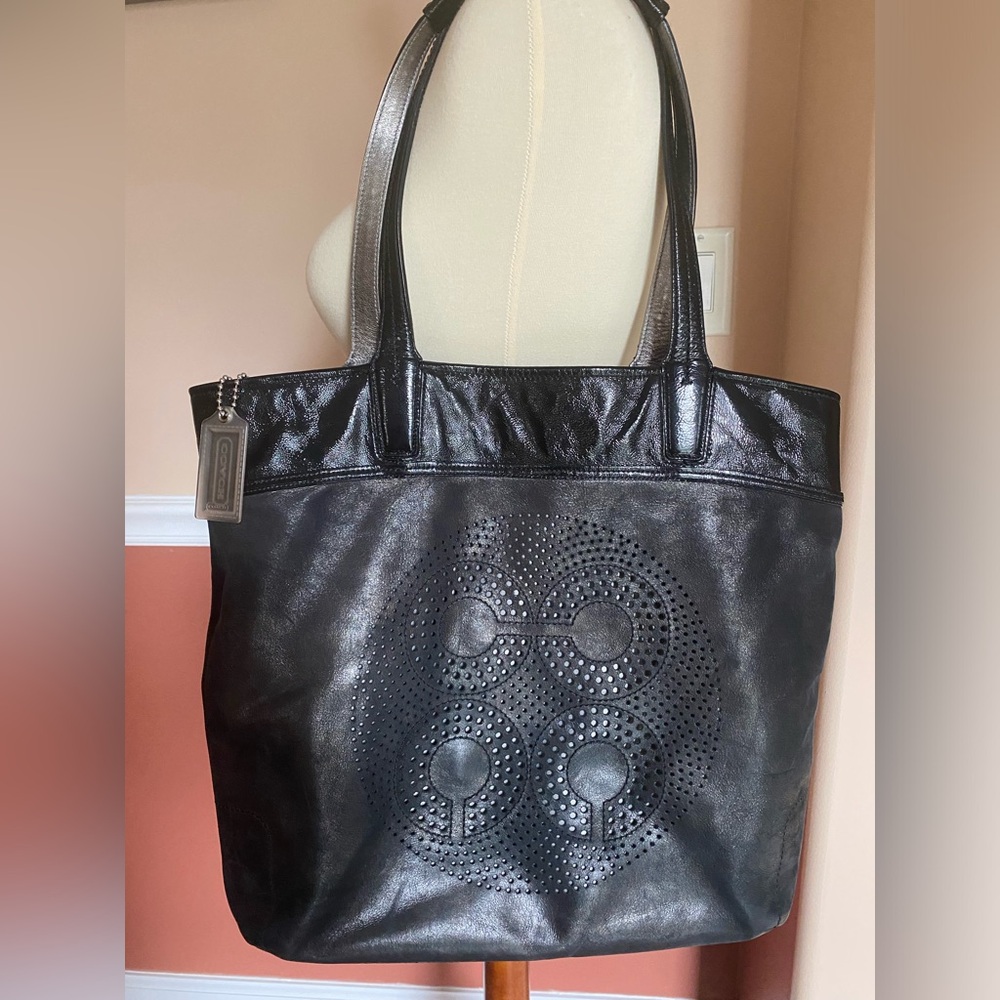 Black Perforated Leather Tote Bag.